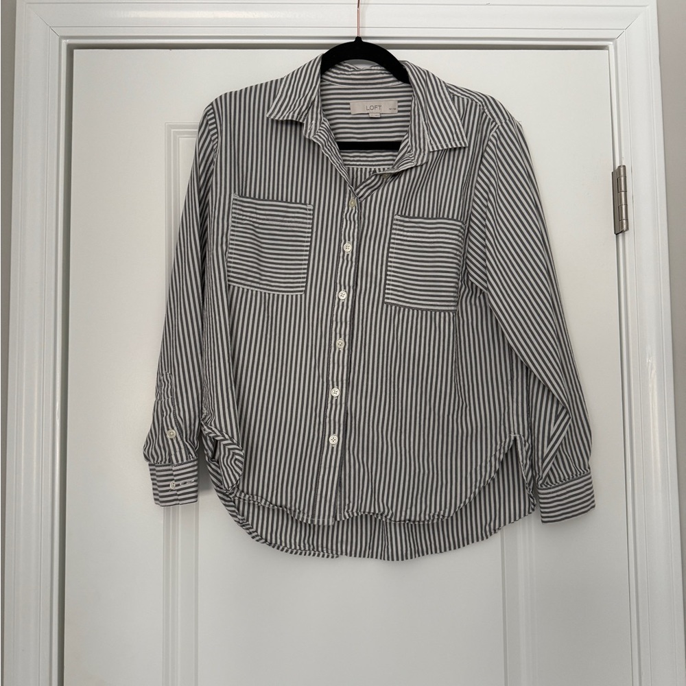 LOFT Black and White Striped Button-Up Shirt